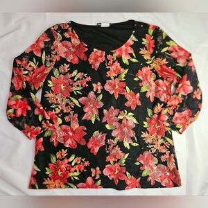 Rebecca Malone Womens Black W/ Red And Pink Floral 3/4 Sleeve Top Size Medium